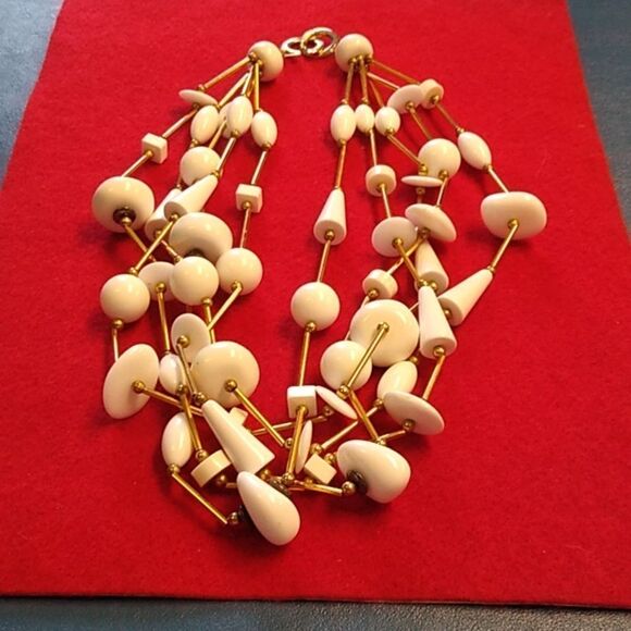 Vintage Les Bernard signed Multi-strand Gold Tone Metal Beaded Necklace - Picture 1 of 8